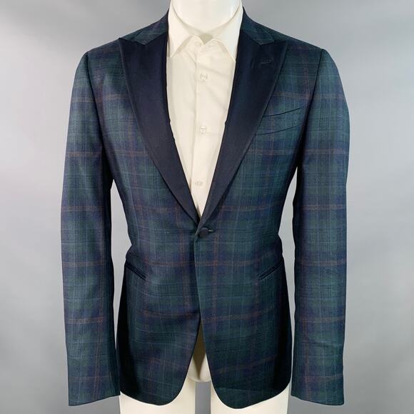 ISAIA Size 40 Green Navy Plaid Wool Peak Lapel Sport Coat
